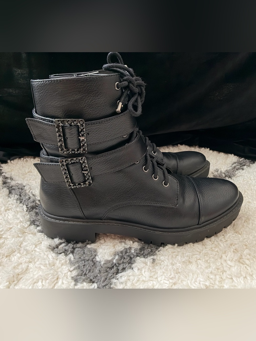 Jessica Simpson JS-KERINA, 7.5 Black Narnia, Combat Boot style w/bling buckle W